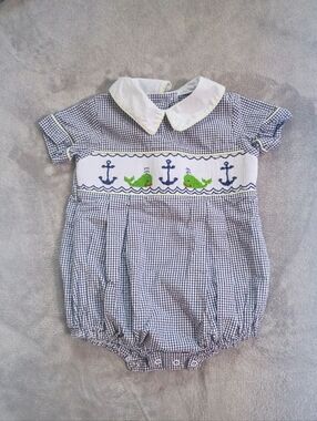 Shrimp & Grits Kids Smocked Nautical Theme Seersucker Gingham Bubble 18 M